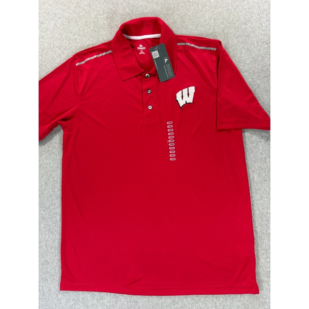 NWT Wisconsin Badgers Stitched Logo Short Sleeve Polo Shirt (Men's Large) Red